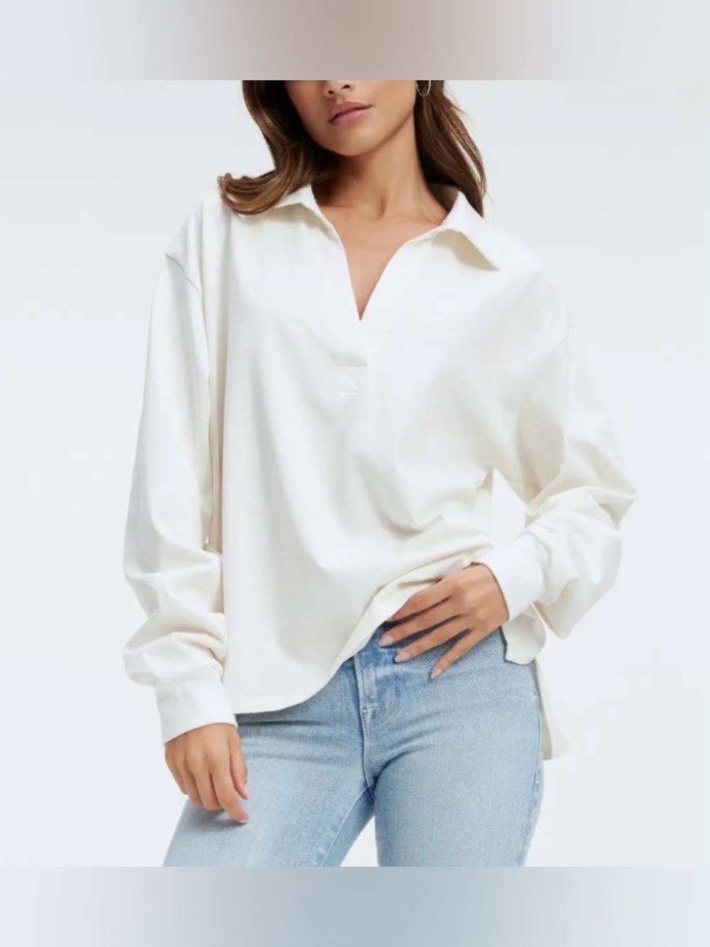 Good American Oversized 100% Cotton Rugby Long Sleeve Tee, Size 3/4